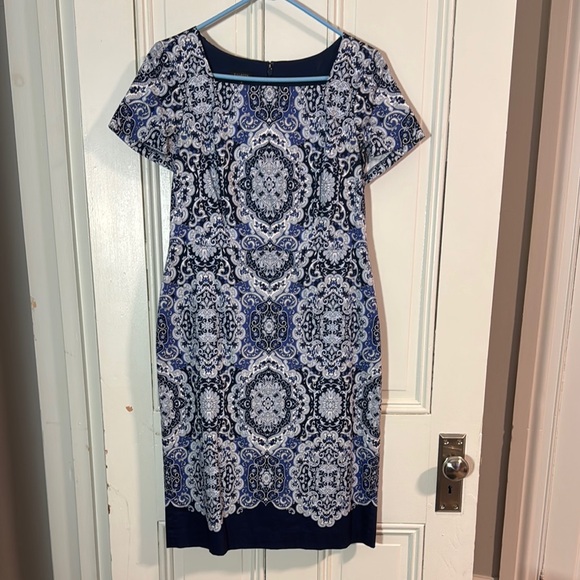 Talbots Dresses & Skirts - Talbots Blue and White Midi Sheath Dress with Raglan Sleeves